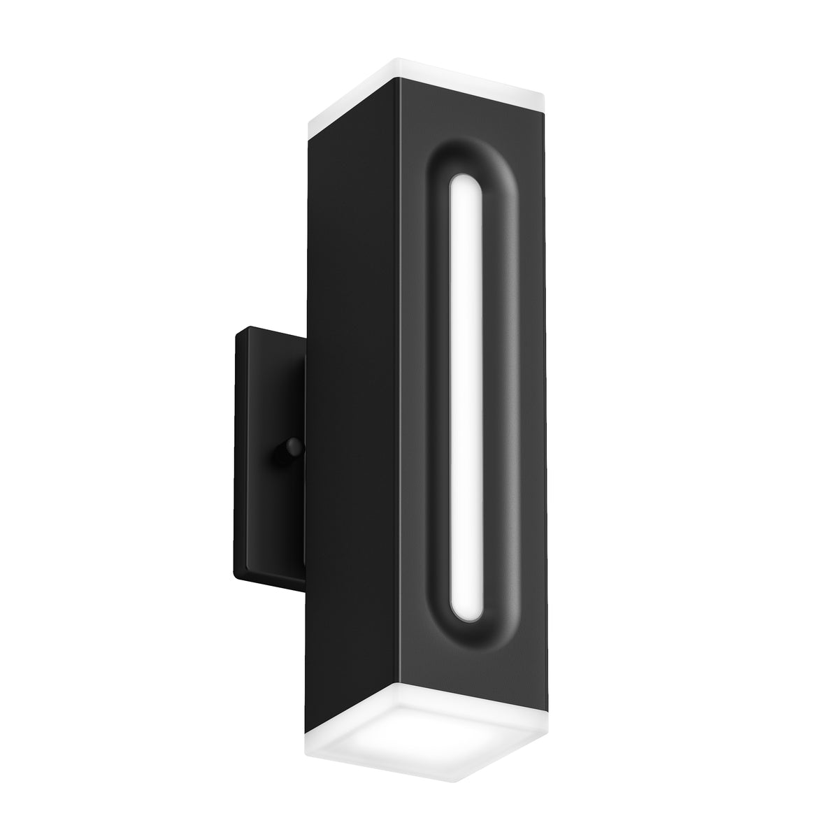 A modern black wall-mounted rectangular light fixture with a vertical LED strip in the center and glowing ends, set against a white background.