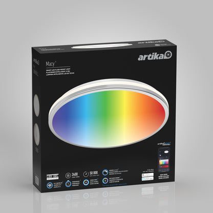 A black box for the Artika Macy 15 in. LED modern flush mount light RGB Wifi, showing the circular multicolor light, app control icons, and product details on the front.