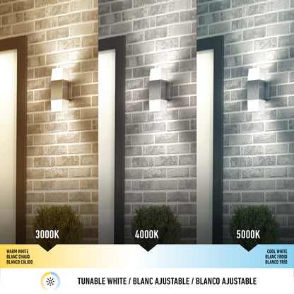 The Artika Lennox indoor-outdoor LED wall light 3 CCT shines on a brick wall, displaying warm white (3000K), neutral white (4000K), and cool white (5000K) lighting effects, with each labeled; a small bush sits below.