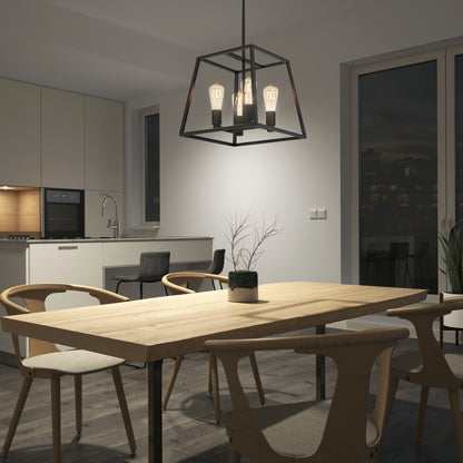 A modern dining area features a wooden table with four chairs and a potted plant centerpiece. Overhead, the Artika Carter Square 4-light Chandelier adds style, while large windows showcase a cityscape at dusk.