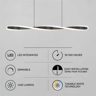 The Artika Finley Linear LED pendant light 3 CCT hangs above icons and text showing its features: integrated LED, 50,000-hour lifespan, dimmable, easy installation, 1600 lumens, and tunable white technology.