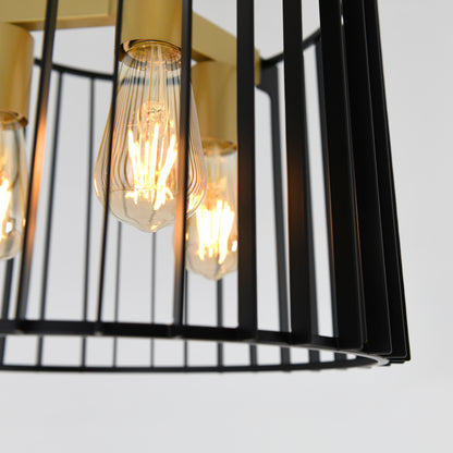 Close-up of vintage-style exposed filament bulbs in the Gatsby flush mount light by Artika, featuring a modern black metal cage design against a plain white background.