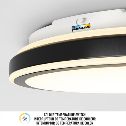 Close-up of the Artika Altitude 15 in. LED modern flush mount light with a 5 CCT color temperature switch, showing adjustable settings. Text below reads Colour Temperature Switch in English, French, and Spanish.