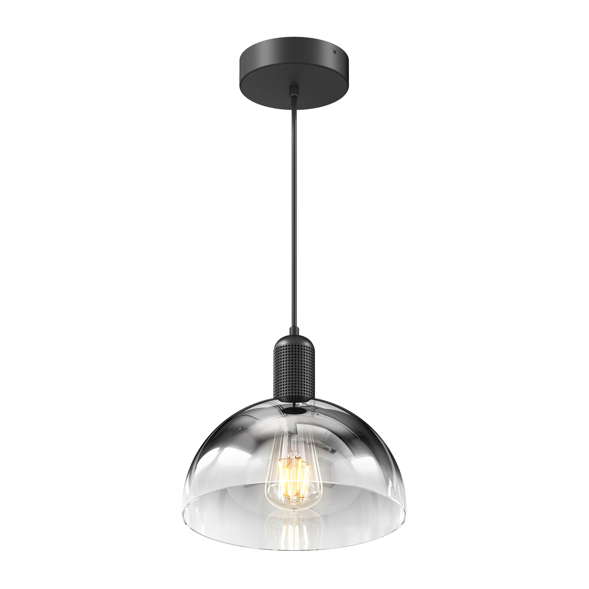 The Artika Nella Pendant without Bulbs features a black fixture, a clear glass dome shade, and an exposed bulb design, suspended from a sleek black cord for a modern look.