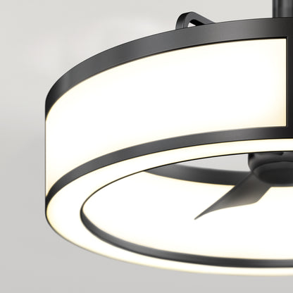 Close-up of the Artika Huxley 23 in. LED modern ceiling fan featuring a sleek black frame, integrated circular LED light, and two visible blades, shown against a neutral background. Offers 3 speeds for customizable comfort.