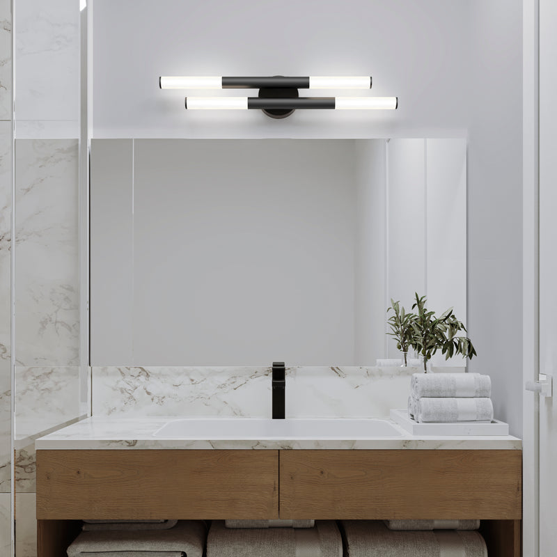 Modern bathroom with a large mirror, marble accents, wooden vanity, stacked towels, and an Artika Boro 27-in LED 2-light vanity above the sink.