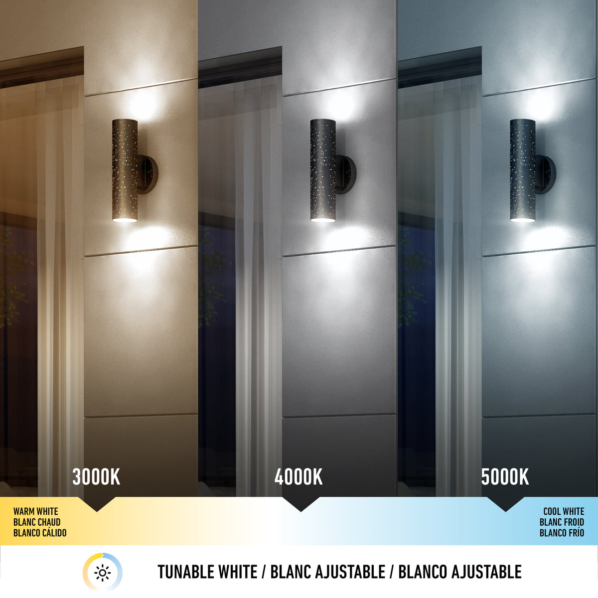 A wall-mounted outdoor light is shown in three panels with different color temperatures: 3000K (warm white), 4000K (neutral white), and 5000K (cool white), illuminating a wall and part of a window.
