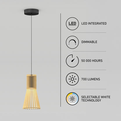Artika Kiyo modern LED pendant light with a slatted design, 700-lumen output, 50,000-hour lifespan, and 3 selectable color temperatures.