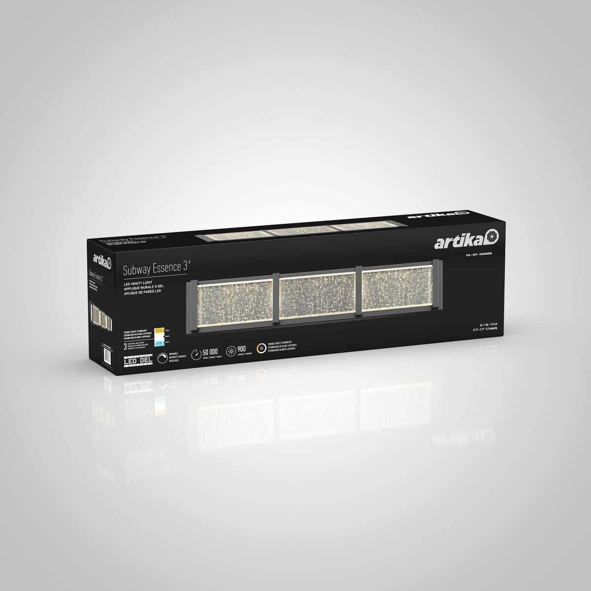 A rectangular black box for the Artika Subway Essence 3 light fixture, featuring images of the product and product details on the packaging, displayed against a plain, light gray background.