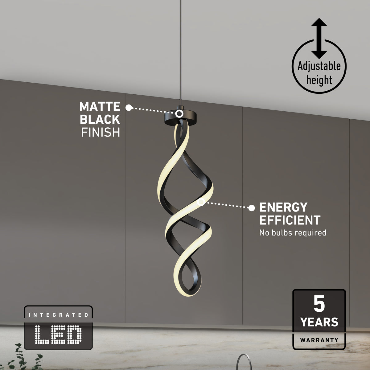 A modern pendant light with a twisted design hangs from the ceiling. Features include a matte black finish, energy efficiency with integrated LED, adjustable height, and a 5-year warranty. The background shows a minimalist room.