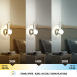 A wall sconce above a bedside table is shown in three lighting modes: warm white (3000K), neutral white (4000K), and cool white (5000K), illustrating different color temperatures in a bedroom setting.