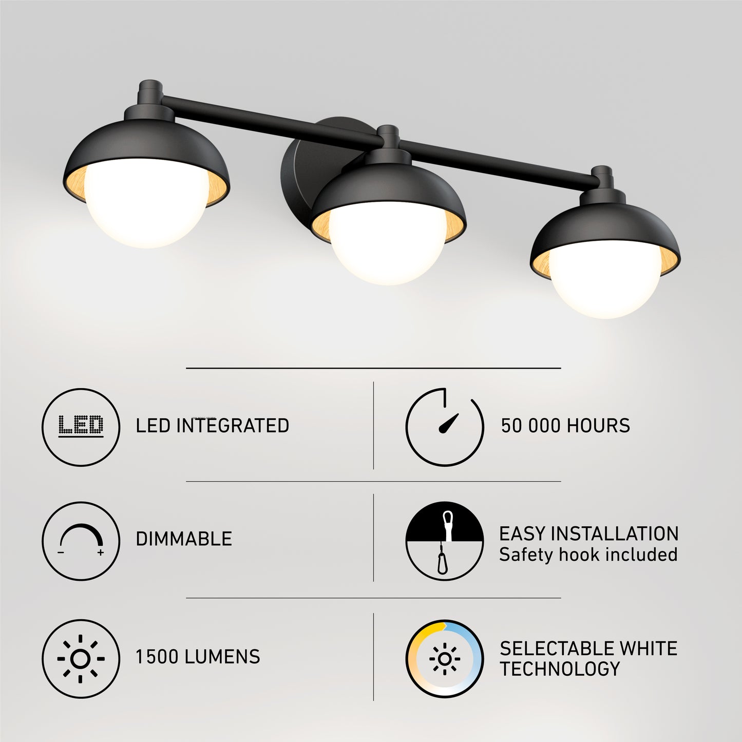 The Artika Boden LED mid-century bathroom vanity light features three black lights with white glass globes, LED integration, 50,000-hour lifespan, 1,500 lumens, dimmable easy installation, and selectable 5 CCT white technology.