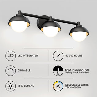 The Artika Boden 27-in (69 cm) Integrated LED 5-CCT Vanity Light Bar for Bathroom features easy installation, dimmable lighting, 50,000-hour lifespan, 1500 lumens brightness, and adjustable color temperature.
