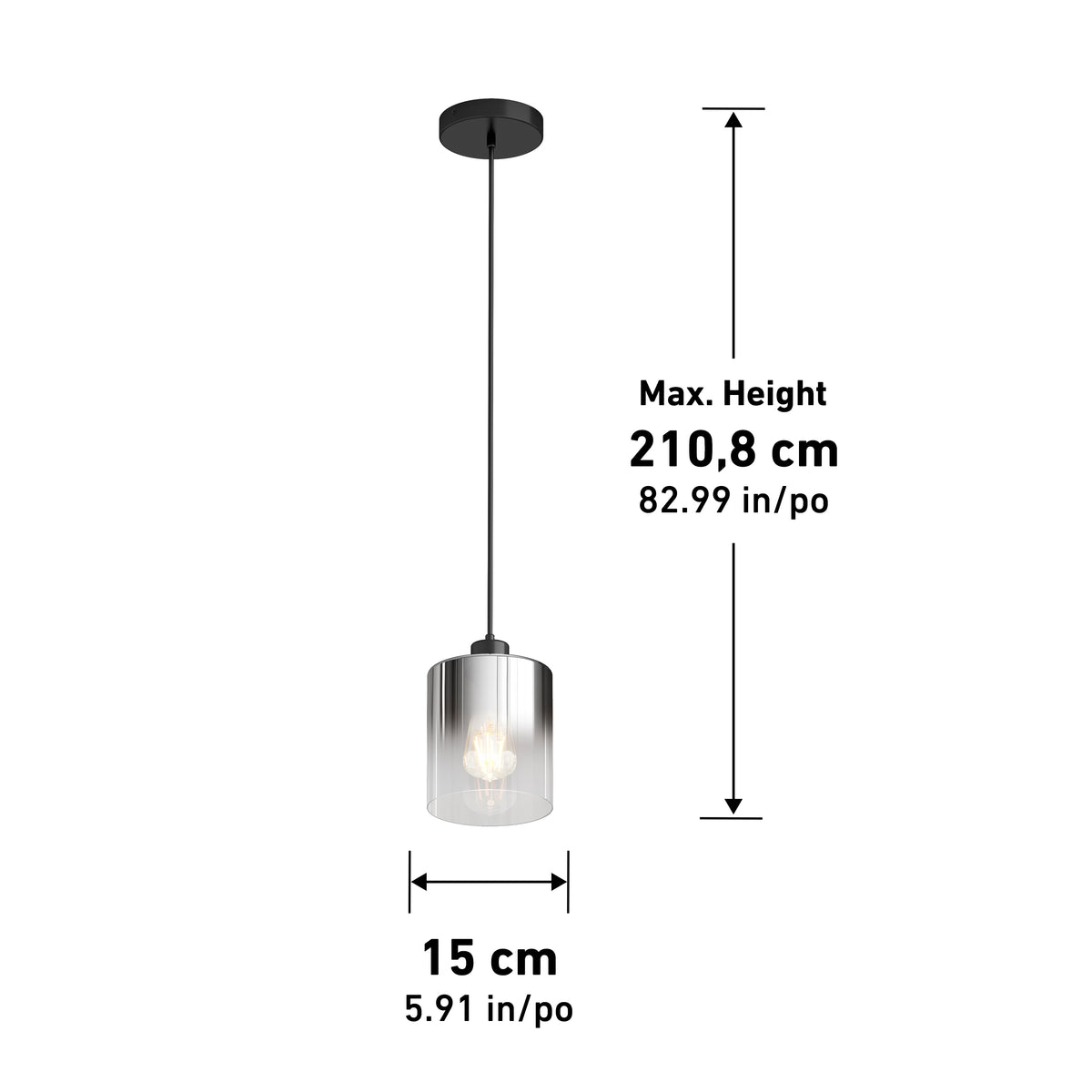 Pendant light with a cylindrical glass shade, hanging from a black cord and ceiling mount. The shade is 15 cm (5.91 in) wide, and the maximum hanging height is 210.8 cm (82.99 in).