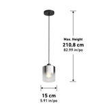 Pendant light with a cylindrical glass shade, hanging from a black cord and ceiling mount. The shade is 15 cm (5.91 in) wide, and the maximum hanging height is 210.8 cm (82.99 in).