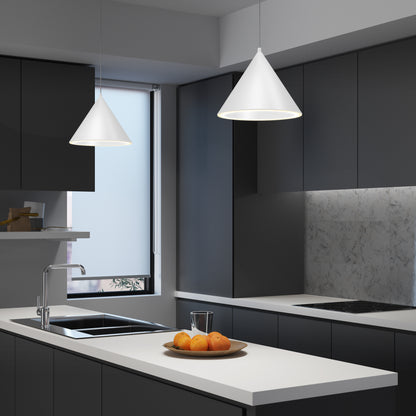Modern kitchen with dark cabinets, white countertops, and two Artika Denali LED pendant lights with 3 CCT integrated technology.