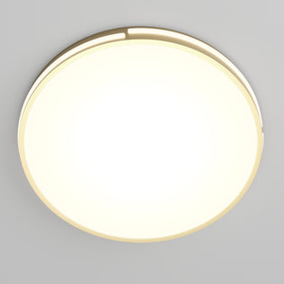 The Artika Delray 15.7 in. LED modern flush mount light features a round design with a golden rim, emitting bright light against a simple, light gray background.