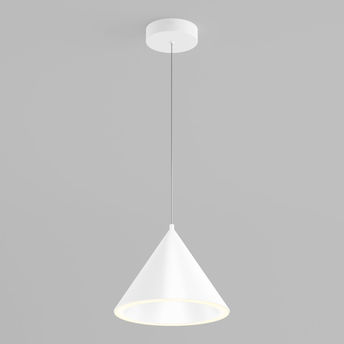 The Denali modern LED pendant light by Artika hangs cone-shaped, offering 3 CCT settings, shown against a plain gray background.