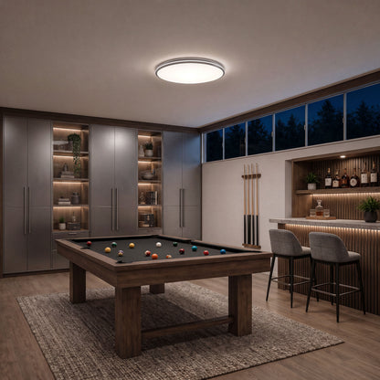 Modern game room with pool table, bar, and Artika GLOW 30″ LED ceiling light, 5 CCT, remote control.