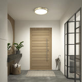 A modern entryway with a wooden door, a round ceiling light, a gray rug, a wall shelf with plants and pillows, a basket, a large circular mirror, and a glass partition. An umbrella rests by the door.