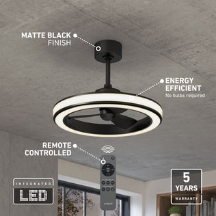 Artika Edwin 23" LED fandelier: modern matte black, remote, energy efficient, 5-yr warranty—perfect for contemporary spaces.