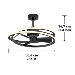 The Artika Coda 23 in. LED modern ceiling fan features a remote, 3 blades, tunable color LED ring, and measures 34.7 cm H x 58.4 cm W.