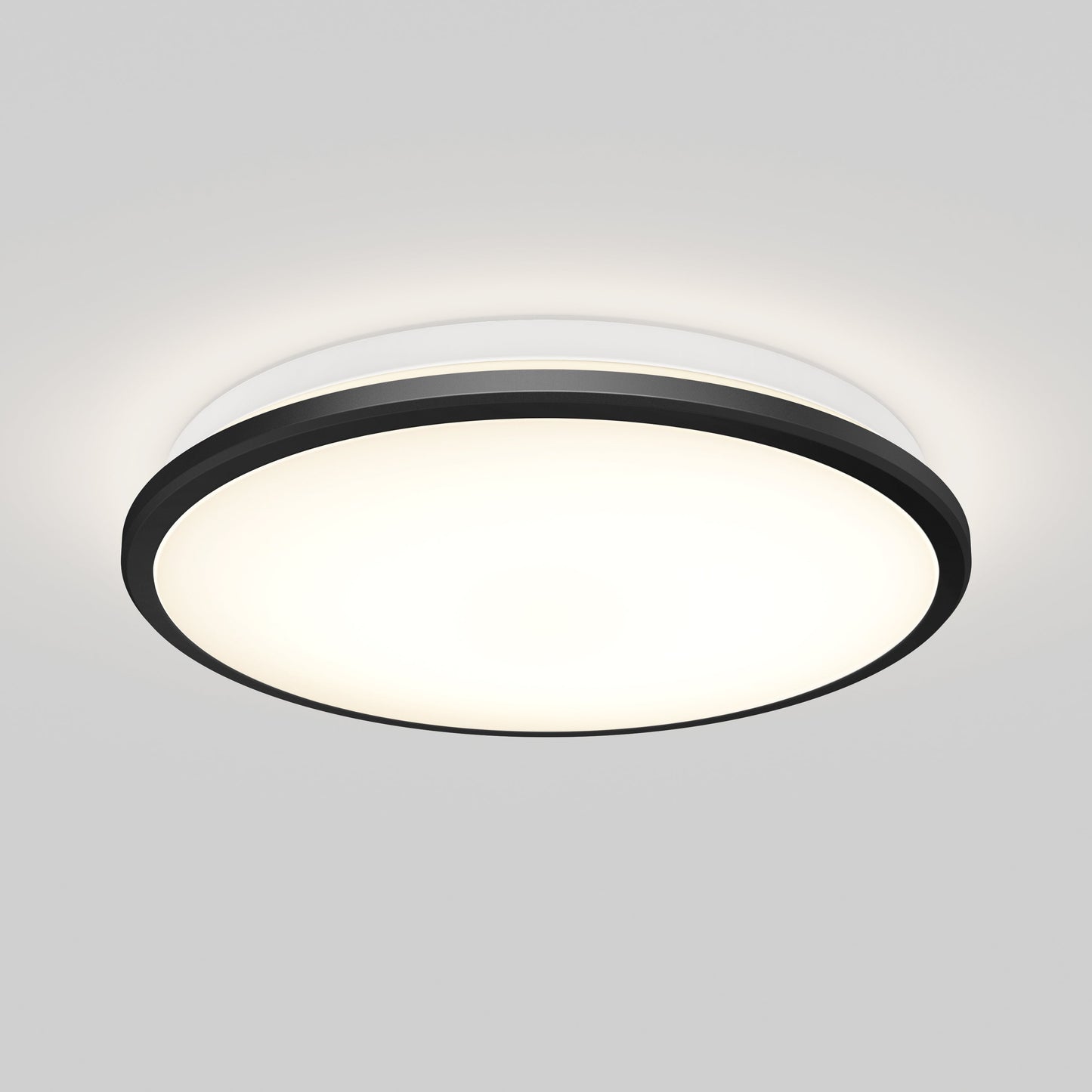 The Artika-CAN-dev Vera 13 in. LED modern flush mount light features a matte black band and white frosted center, mounted on a light gray ceiling to emit a soft glow. Its compatible with LED dimmers for customizable ambiance.