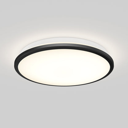 The Artika-CAN-dev Vera 13 in. LED modern flush mount light features a matte black band and white frosted center, mounted on a light gray ceiling to emit a soft glow. Its compatible with LED dimmers for customizable ambiance.