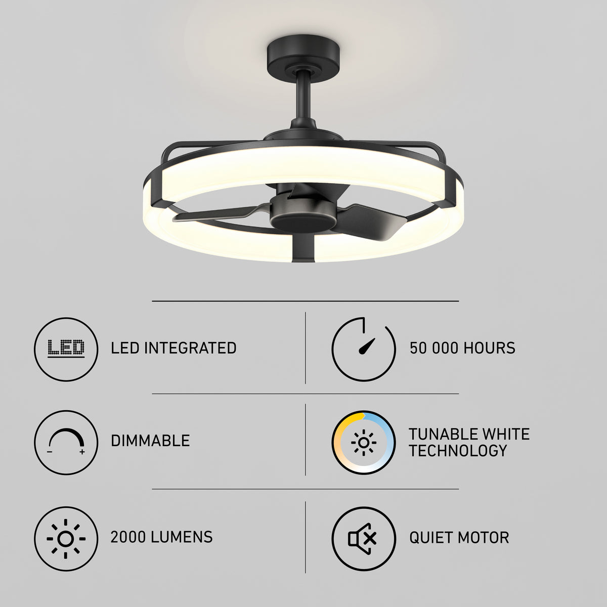 Artika Sunnyvale 23" LED fandelier: modern black fan, remote, dimmable tunable white light, quiet motor, 50,000-hour lifespan.