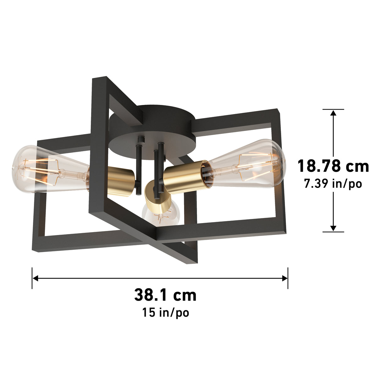 The Artika Holt 3-light flush mount fixture features a rectangular black and gold design with three exposed bulbs, measuring 38.1 cm (15 in) wide and 18.78 cm (7.39 in) high, shown with labeled dimensions.