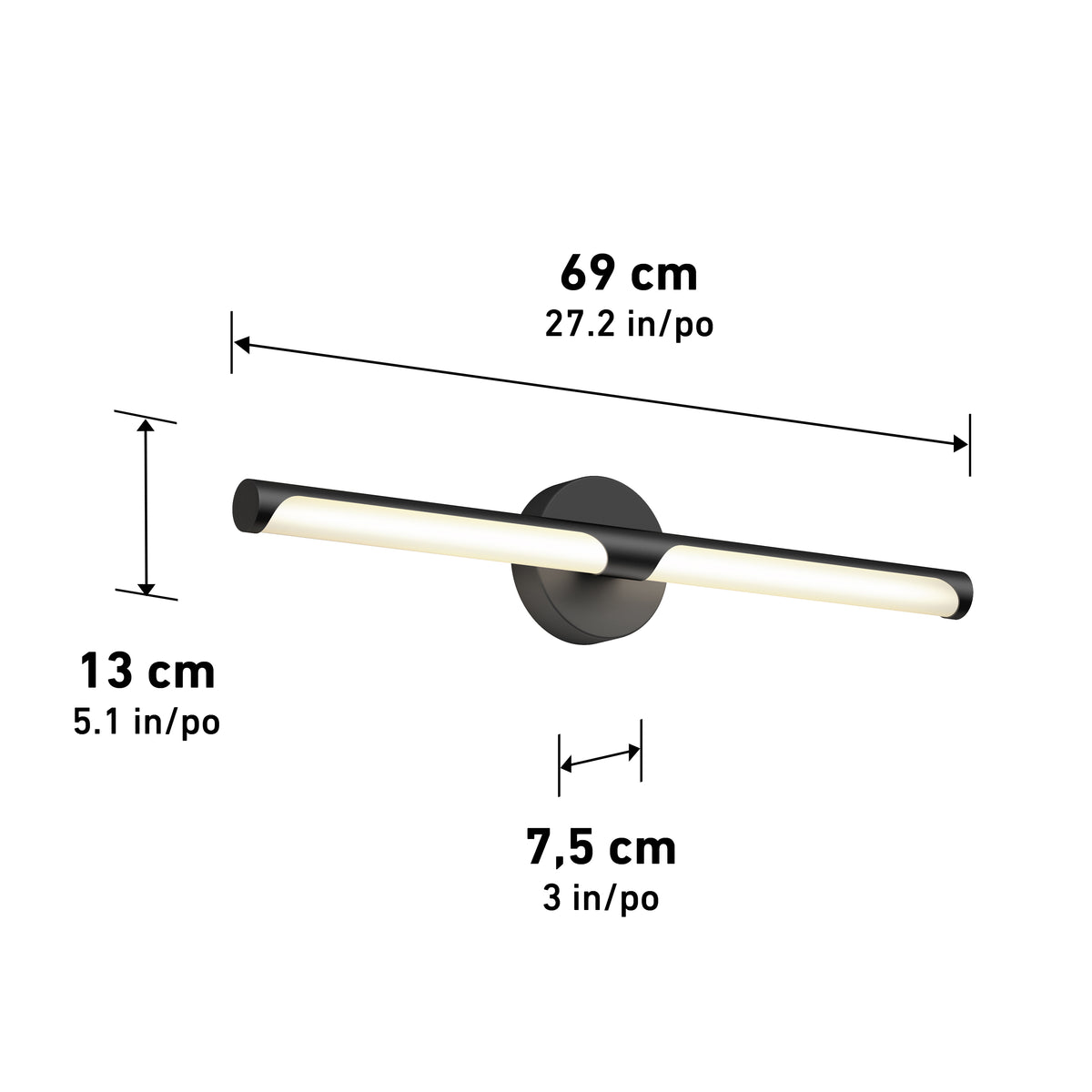 Modern wall-mounted light fixture with a cylindrical LED bar, shown with dimensions: 69 cm (27.2 in) wide, 13 cm (5.1 in) tall, and 7.5 cm (3 in) deep. White background.