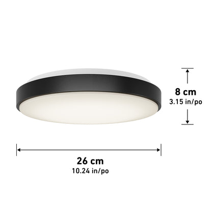 The Artika Sunraker 10 in. LED modern flush mount light features a round design with a black rim and white diffuser, measuring 26 cm in diameter and 8 cm in height, with arrows indicating dimensions.