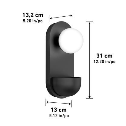 The Artika Bloomfield LED modern mid-century wall sconce 5 CCT features a black finish with a round white bulb, measuring 31 cm (12.2) high, 13.2 cm (5.2) wide at the bulb, and 13 cm (5.1) wide at the base.