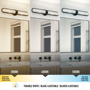 Artika Carat LED vanity light with 3 CCT—shown above mirror at 3000K, 4000K, and 5000K for adjustable lighting.
