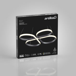 Artika Atrium LED pendant light 5CCT packaging box, displaying the modern loop-shaped fixture with black and white design details against a neutral background.
