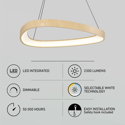 The Artika Bjorn modern LED pendant light 5 CCT features a wood finish, dual-wire suspension, 2300 lumens, dimmable selectable white (5 CCT), integrated LED, 50,000-hour lifespan, and easy installation.