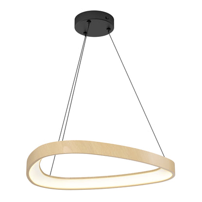 The Bjorn modern LED pendant light by Artika features a slim, oval wooden frame suspended by three black wires from a round black ceiling mount, softly illuminating from the inner edge.