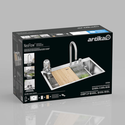 The Artika Neoflow single bowl stainless steel sink box features images of the sink with a tall faucet, cutting board, strainer, and accessories on a gray background, along with product features displayed on the packaging.