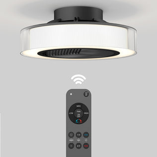 The Artika Groove 20 in. LED modern ceiling fan features 3 speeds and comes with a black remote for adjusting fan speed, timer, lighting, and modes. A Wi-Fi signal icon appears above the remote in the product image.
