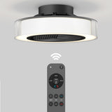 A ceiling fan with a circular LED light and a transparent outer rim is mounted on a white ceiling. Below, a remote control with multiple buttons is shown, indicating wireless operation.