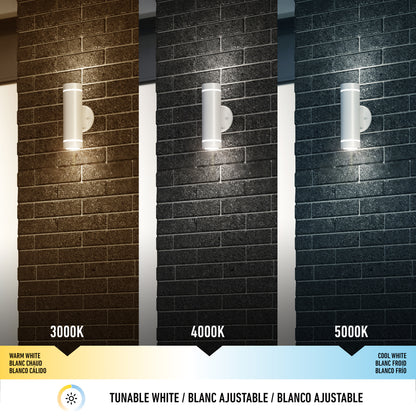 Image shows the Artika C7 indoor-outdoor LED wall light 3 CCT illuminating brick walls in 3000K (warm), 4000K (neutral), and 5000K (cool) white. Labels highlight its tunable white lighting feature.