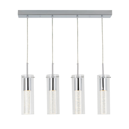 The Artika Bubble Flow 4-light pendant features four cylindrical glass pendants with silver metal accents, suspended in a row from a rectangular metal base. Each pendant showcases unique bubble-like details inside.