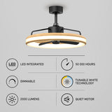 Modern ceiling fan with integrated LED light, dimmable functionality, 2000 lumens brightness, tunable white technology, quiet motor, and a 50,000-hour lifespan. Features and icons are labeled below the fan.