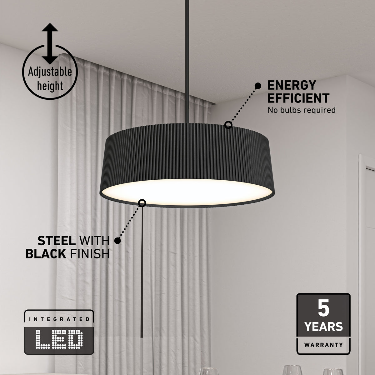 A modern black pendant light with an adjustable height hangs from the ceiling. Text highlights its steel construction with black finish, integrated LED, energy efficiency, and a 5-year warranty. Sheer curtains are in the background.
