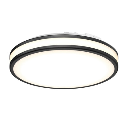 The Artika Hemisphere 15 in. LED flush mount light 5 CCT features a modern round design with adjustable brightness, black trim, and glowing white center, shown from an angle against a white background.