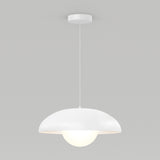 A modern white pendant ceiling light with a dome-shaped shade and a round glowing bulb, suspended by a thin cord against a plain light gray background.
