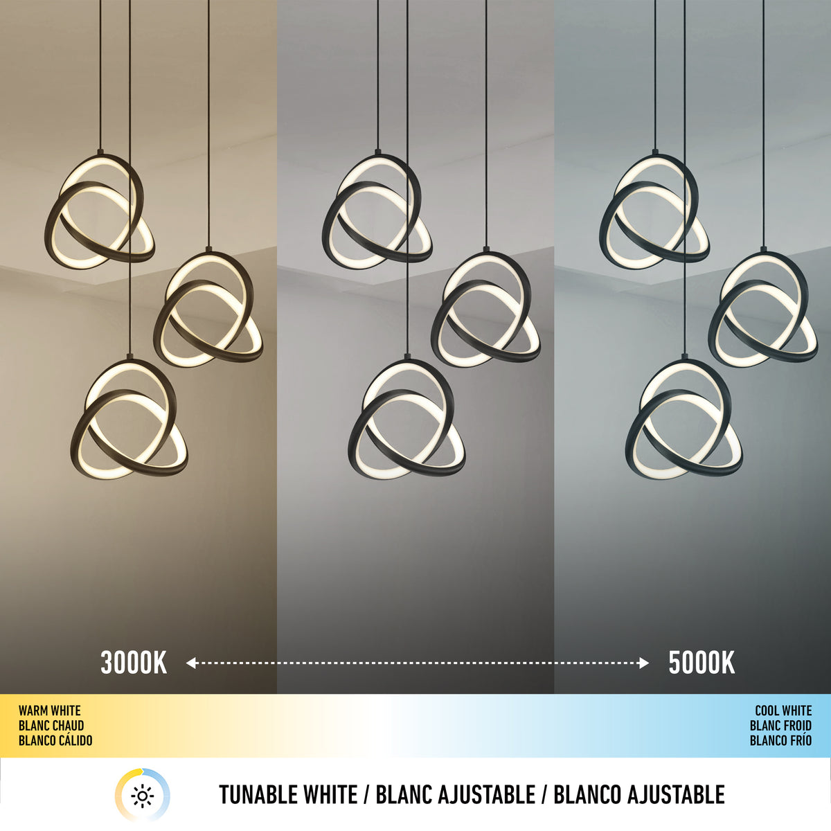 Three modern pendant light fixtures shown in three lighting temperatures: warm white (3000K), neutral, and cool white (5000K). A color temperature scale is displayed at the bottom with labels in English, French, and Spanish.