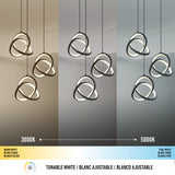 Three modern pendant light fixtures shown in three lighting temperatures: warm white (3000K), neutral, and cool white (5000K). A color temperature scale is displayed at the bottom with labels in English, French, and Spanish.