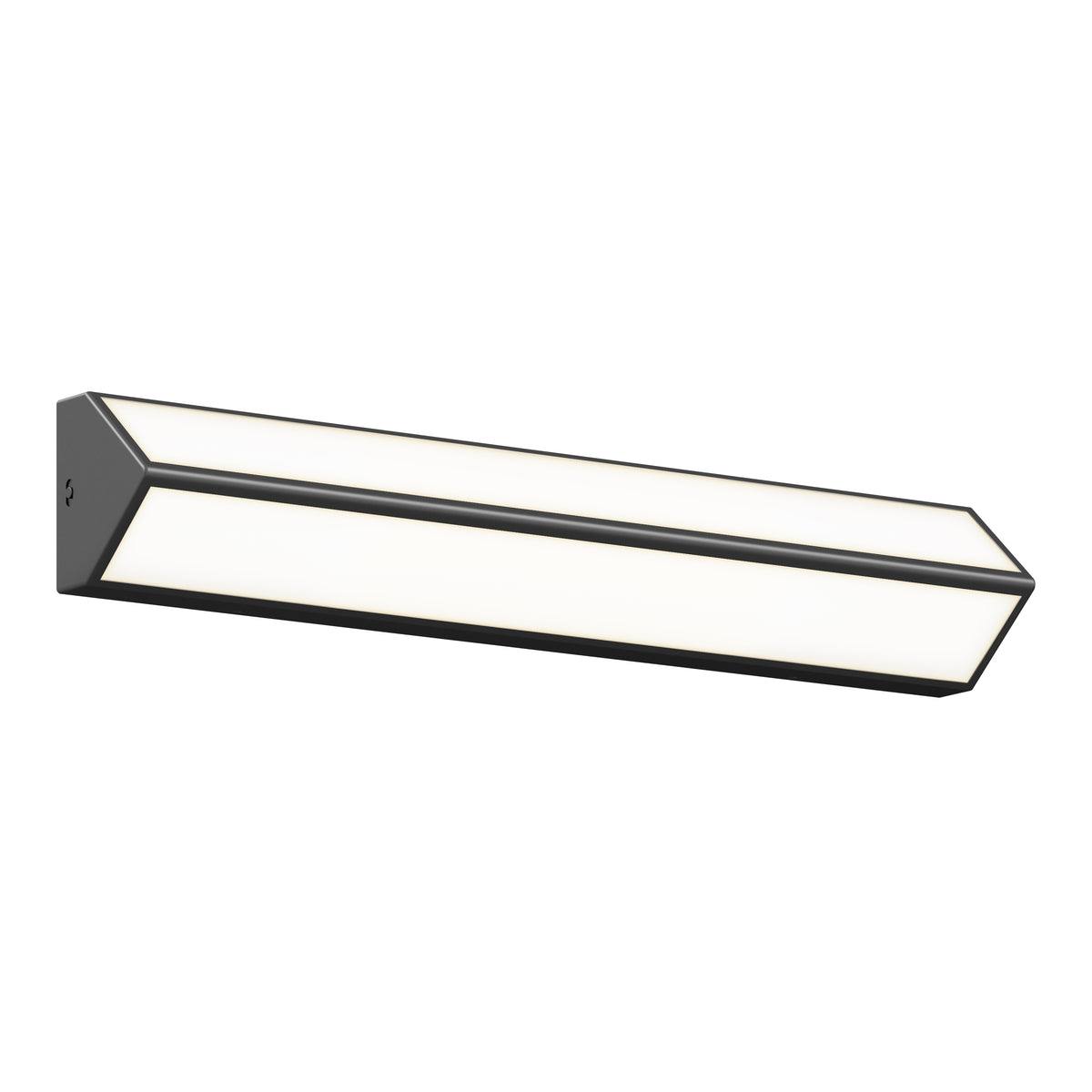 A modern, wall-mounted LED light fixture with a sleek, rectangular design and a black frame surrounding white frosted panels, emitting even, soft illumination.