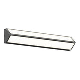 A modern, wall-mounted LED light fixture with a sleek, rectangular design and a black frame surrounding white frosted panels, emitting even, soft illumination.